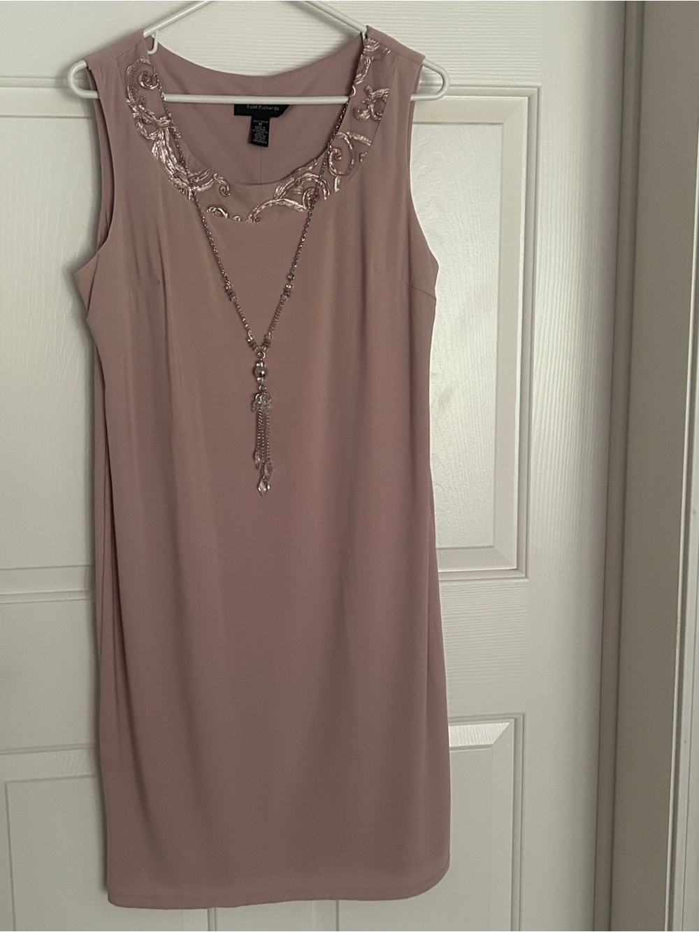R & M Richards Mauve Beaded Neck Sleeveless Shift Dress